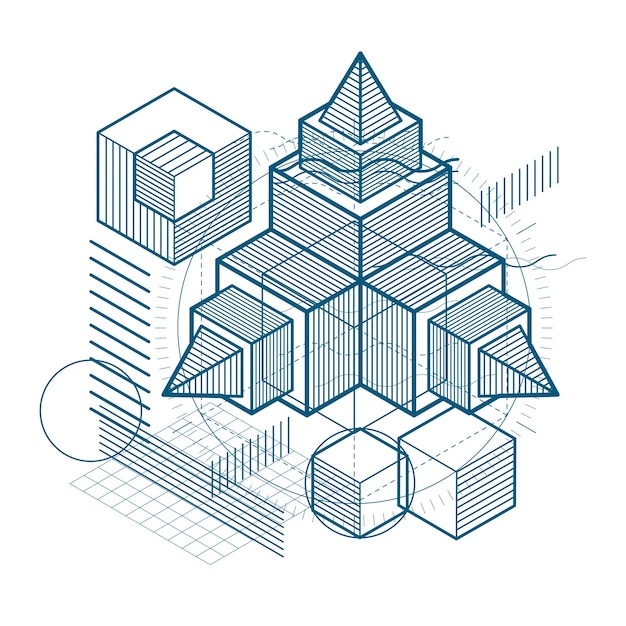 Vector isometric abstraction with lines and different elements, vector abstract background. composition of cubes, hexagons, squares, rectangles and different abstract elements.