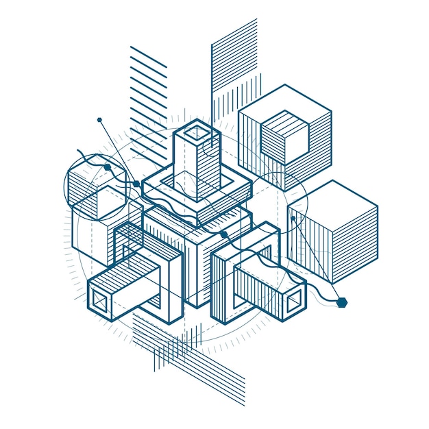 Vector isometric abstraction with lines and different elements, vector abstract background. composition of cubes, hexagons, squares, rectangles and different abstract elements.