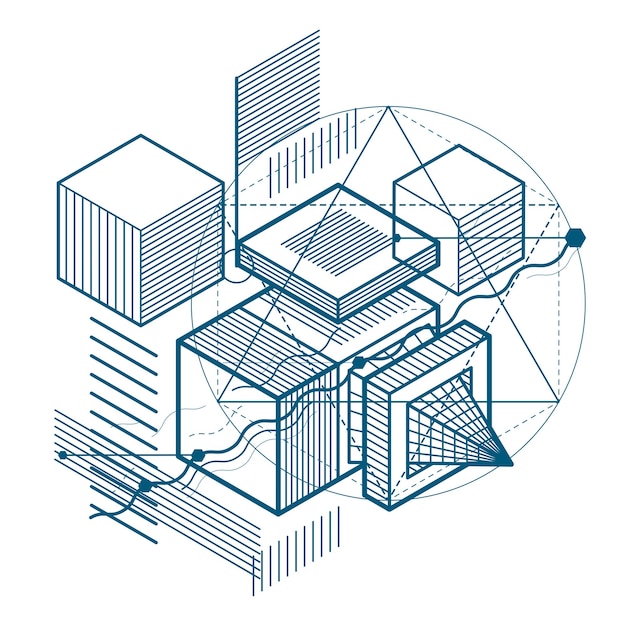 Vector isometric abstraction with lines and different elements, vector abstract background. composition of cubes, hexagons, squares, rectangles and different abstract elements.