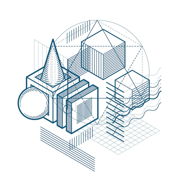 Vector isometric abstraction with lines and different elements, vector abstract background. composition of cubes, hexagons, squares, rectangles and different abstract elements.