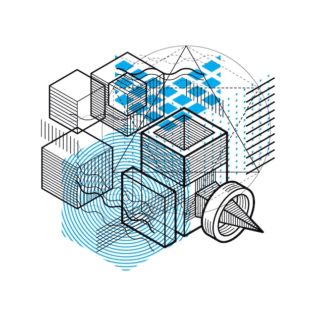 Vector isometric abstraction with lines and different elements, vector abstract background. composition of cubes, hexagons, squares, rectangles and different abstract elements.