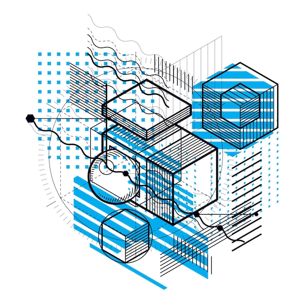 Vector isometric abstraction with lines and different elements, vector abstract background. composition of cubes, hexagons, squares, rectangles and different abstract elements.