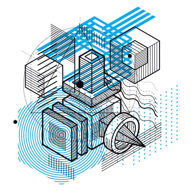 Vector isometric abstraction with lines and different elements, vector abstract background. composition of cubes, hexagons, squares, rectangles and different abstract elements.