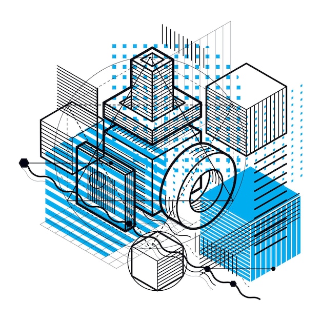 Vector isometric abstraction with lines and different elements, vector abstract background. composition of cubes, hexagons, squares, rectangles and different abstract elements.