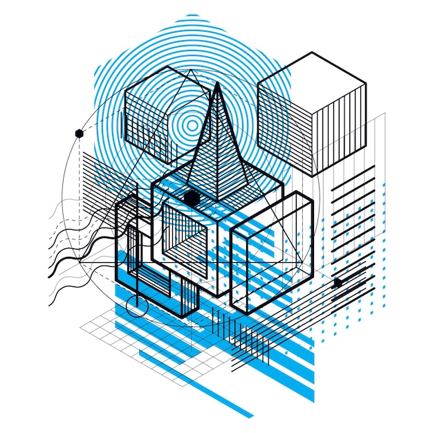 Vector isometric abstraction with lines and different elements, vector abstract background. composition of cubes, hexagons, squares, rectangles and different abstract elements.