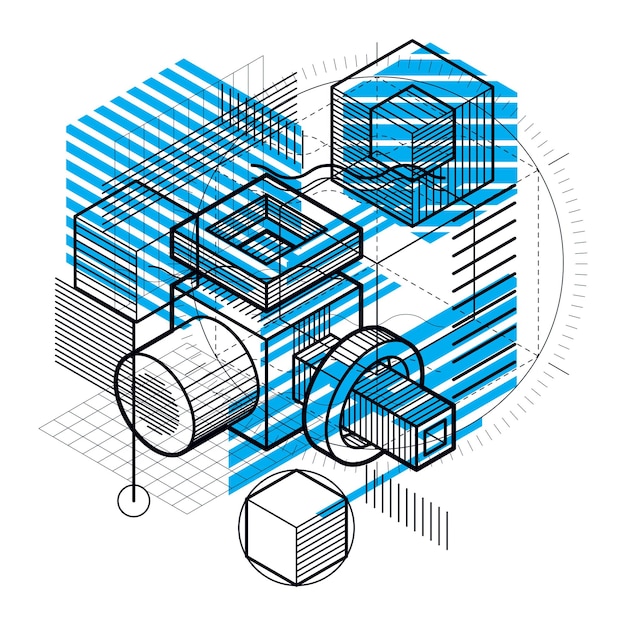 Vector isometric abstraction with lines and different elements, vector abstract background. composition of cubes, hexagons, squares, rectangles and different abstract elements.