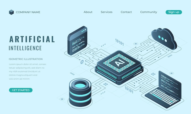 Vector isometric artificial intelligence landing page concept machine learning technology digital technology website landing page vector illustration