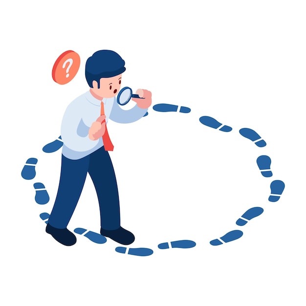 Vector isometric businessman with magnifying glass analyze circle footstep