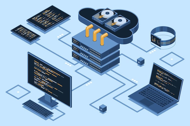Vector isometric cloud technology computing isometric network with computer laptop tablet and smartphone isometric technology