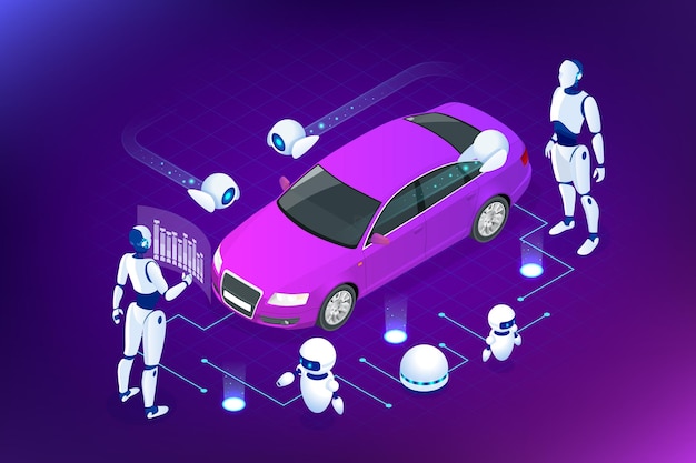 Vector isometric cybernetic robots works with a virtual interface in augmented reality virtual computer development of a car model using artificial intelligence future concept