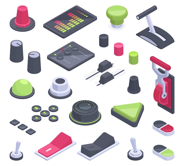 Vector isometric dashboard switches toggles knobs and buttons 3d vector illustration set