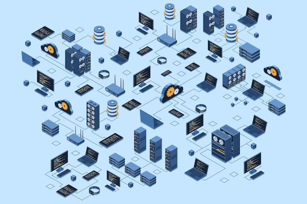 Vector isometric data network management cloud storage data and synchronization of devices networking database cloud storage isometric technology