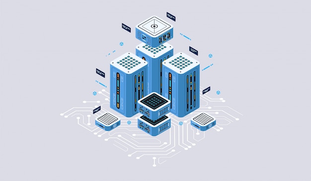 Vector isometric design concept virtual reality and augmented reality. software development and programming. computation of big data center, quantum computer isometric   technology
