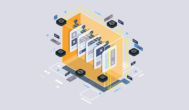 Vector isometric design concept virtual reality and augmented reality. software development and programming. computation of big data center, quantum computer isometric   technology