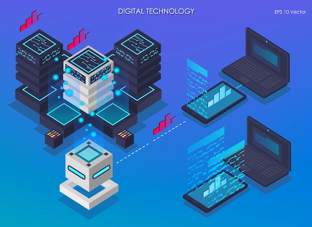 Vector isometric design concept virtual reality and development digital technologys isometric data center vector information processing and storage