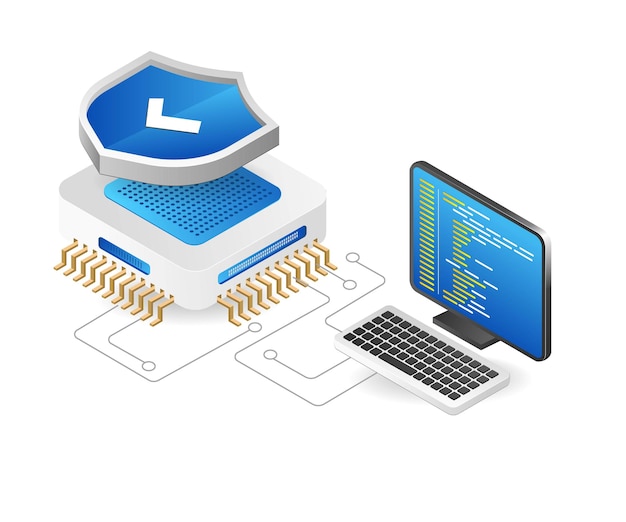 Vector isometric flat 3d concept of chip system security program illustration