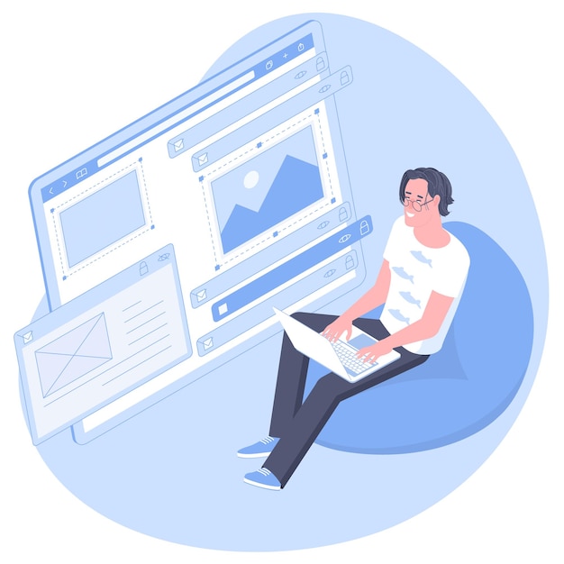 Vector isometric flat design concept of web development, programmer engineering and coding website application. young man developer project engineer programming application design.