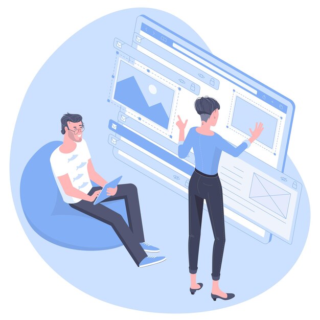 Vector isometric flat design concept of web development, programmer engineering and coding website application. young man and woman developers project engineers programming application design.