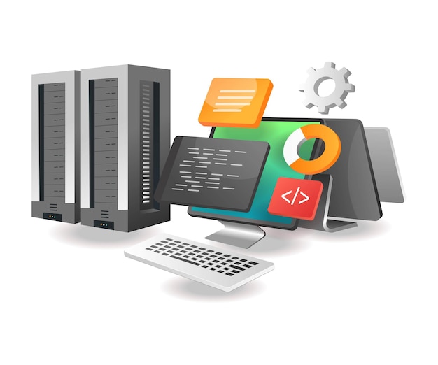 Vector isometric illustration concept server data security with programming language code