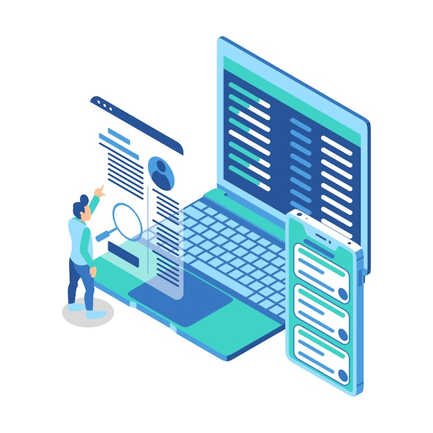 Vector isometric illustration representing a man pointing to screen of website personal profile in front of gadgets