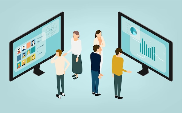 Vector isometric image illustrations of people in online meetings