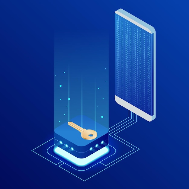 Vector isometric internet security lock transferring data from a smartphone to database concept. hacking smartphone user database. internet security shield business.