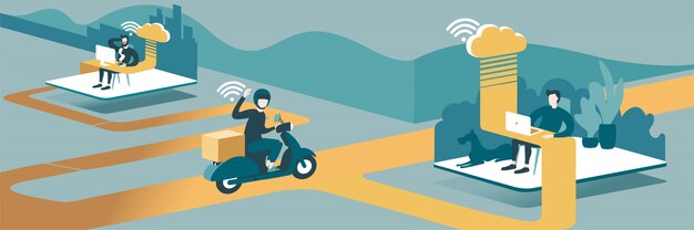 Vector isometric layout explaining the principle of fail-safe cloud-based delivery service management. distributed remote data storage