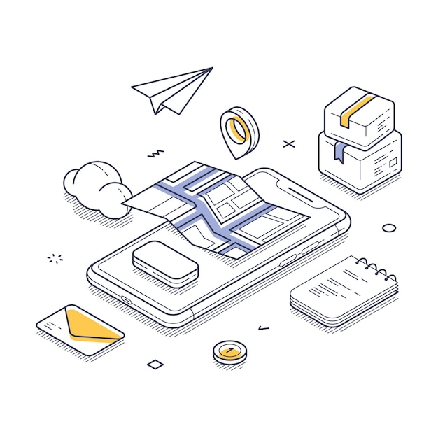 Vector isometric line art illustration of a delivery service using a mobile app for tracking packages