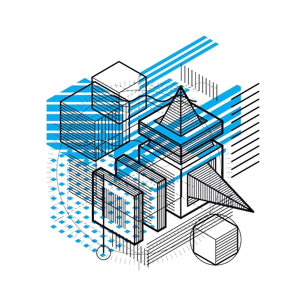 Vector isometric linear abstract vector background, lined abstraction. cubes, hexagons, squares, rectangles and different abstract elements.