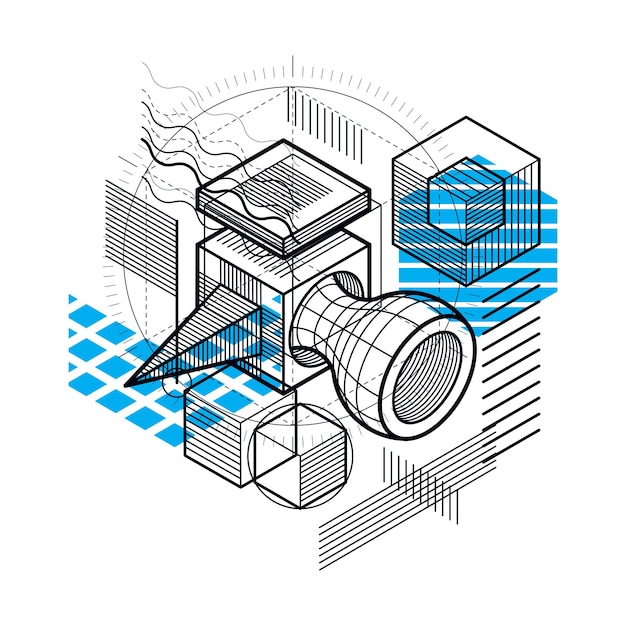 Vector isometric linear abstract vector background, lined abstraction. cubes, hexagons, squares, rectangles and different abstract elements.