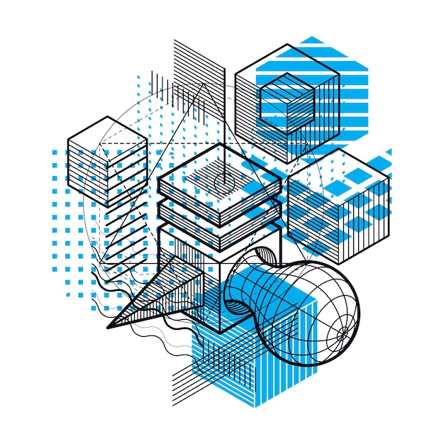 Vector isometric linear abstract vector background, lined abstraction. cubes, hexagons, squares, rectangles and different abstract elements.