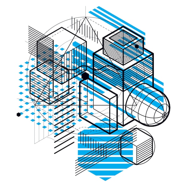 Vector isometric linear abstract vector background, lined abstraction. cubes, hexagons, squares, rectangles and different abstract elements.