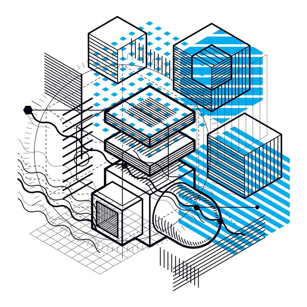 Vector isometric linear abstract vector background, lined abstraction. cubes, hexagons, squares, rectangles and different abstract elements.