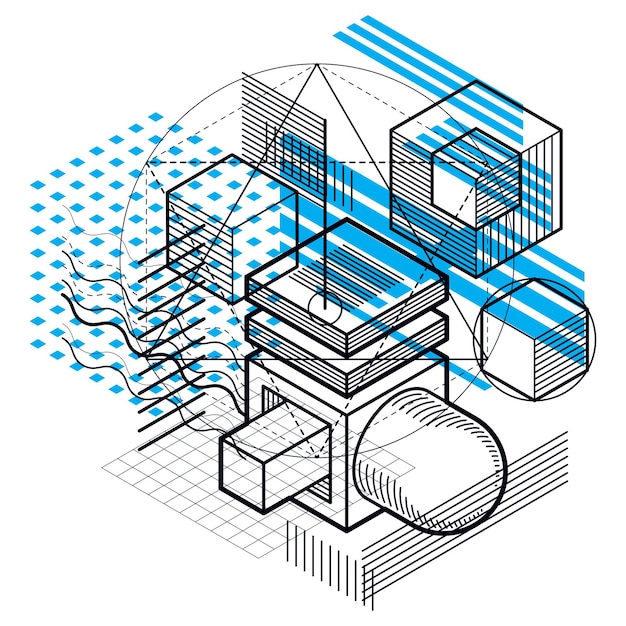 Vector isometric linear abstract vector background, lined abstraction. cubes, hexagons, squares, rectangles and different abstract elements.