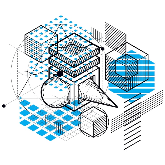 Vector isometric linear abstract vector background, lined abstraction. cubes, hexagons, squares, rectangles and different abstract elements.