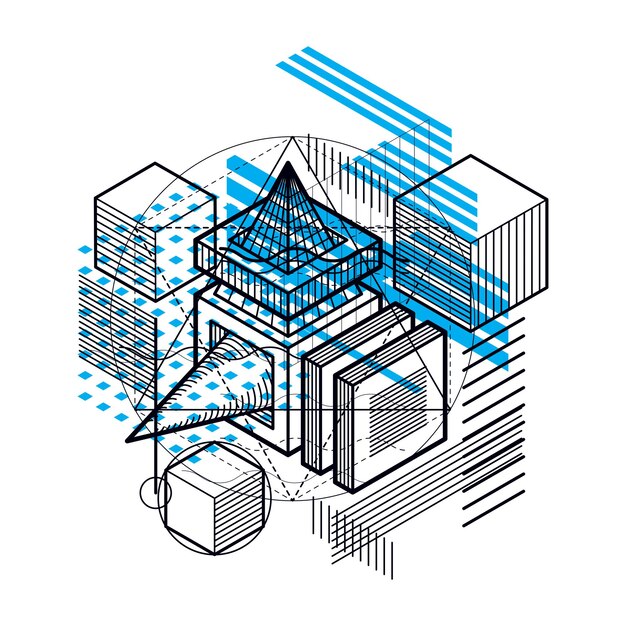 Vector isometric linear abstract vector background, lined abstraction. cubes, hexagons, squares, rectangles and different abstract elements.