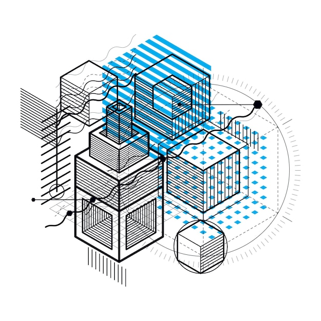 Vector isometric linear abstract vector background, lined abstraction. cubes, hexagons, squares, rectangles and different abstract elements.