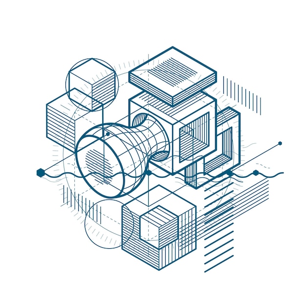 Vector isometric linear abstract vector background, lined abstraction. cubes, hexagons, squares, rectangles and different abstract elements.