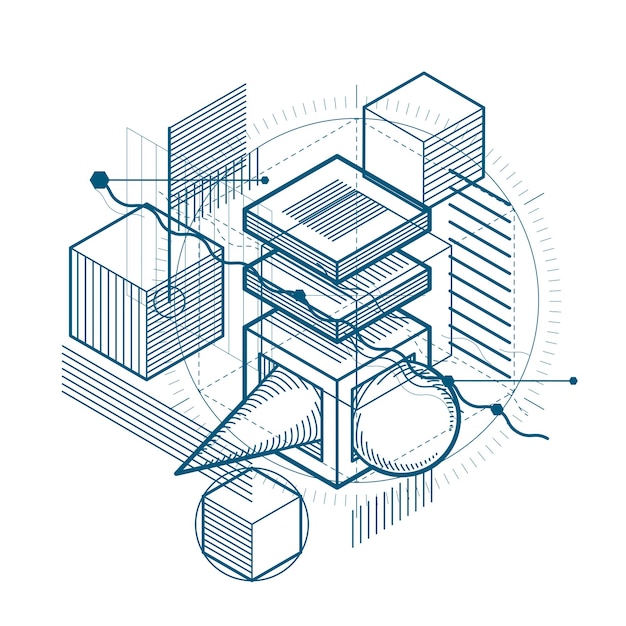 Vector isometric linear abstract vector background, lined abstraction. cubes, hexagons, squares, rectangles and different abstract elements.