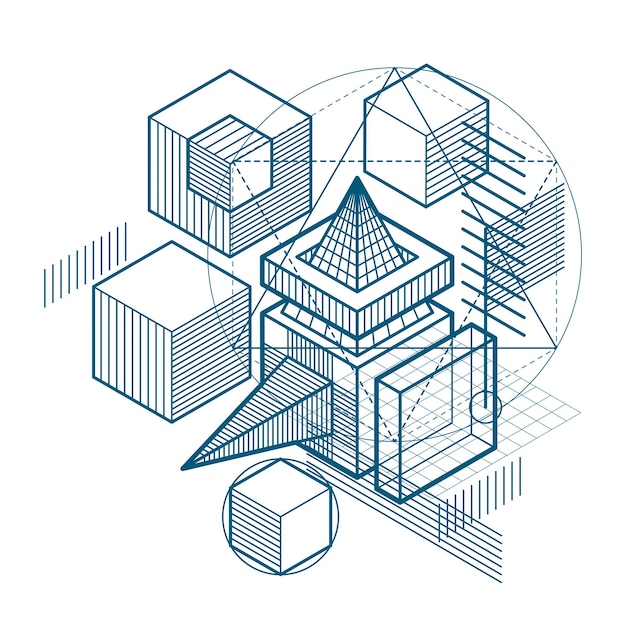 Vector isometric linear abstract vector background, lined abstraction. cubes, hexagons, squares, rectangles and different abstract elements.