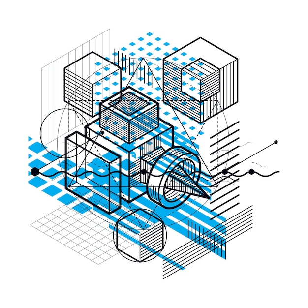 Vector isometric linear abstract vector background, lined abstraction. cubes, hexagons, squares, rectangles and different abstract elements.