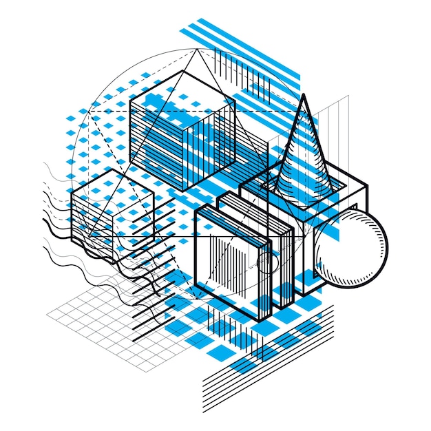 Vector isometric linear abstract vector background, lined abstraction. cubes, hexagons, squares, rectangles and different abstract elements.