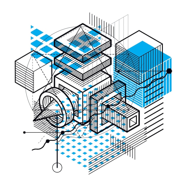 Vector isometric linear abstract vector background, lined abstraction. cubes, hexagons, squares, rectangles and different abstract elements.