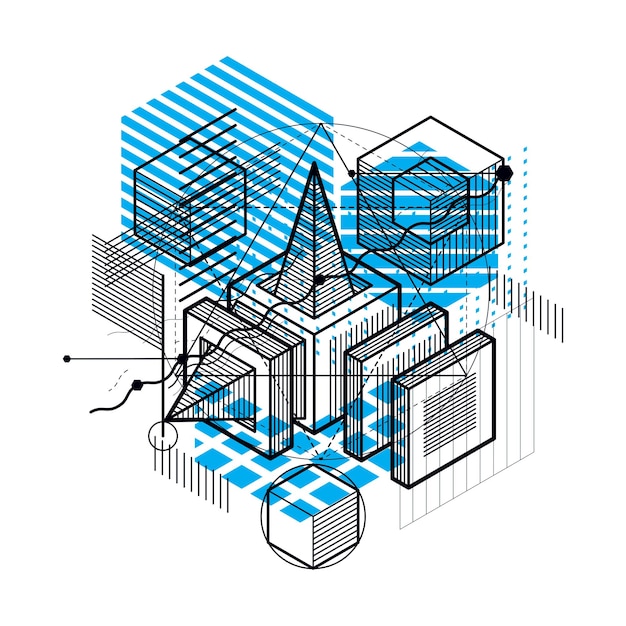 Vector isometric linear abstract vector background, lined abstraction. cubes, hexagons, squares, rectangles and different abstract elements.