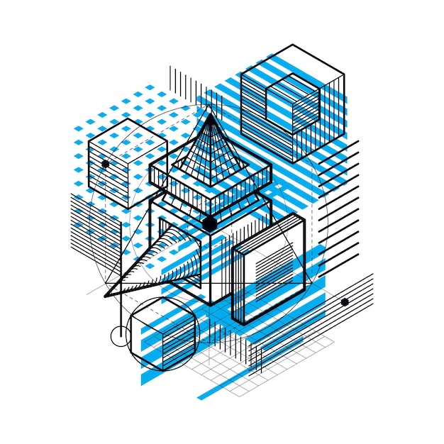 Vector isometric linear abstract vector background, lined abstraction. cubes, hexagons, squares, rectangles and different abstract elements.