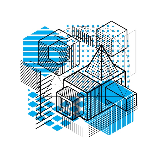 Vector isometric linear abstract vector background, lined abstraction. cubes, hexagons, squares, rectangles and different abstract elements.