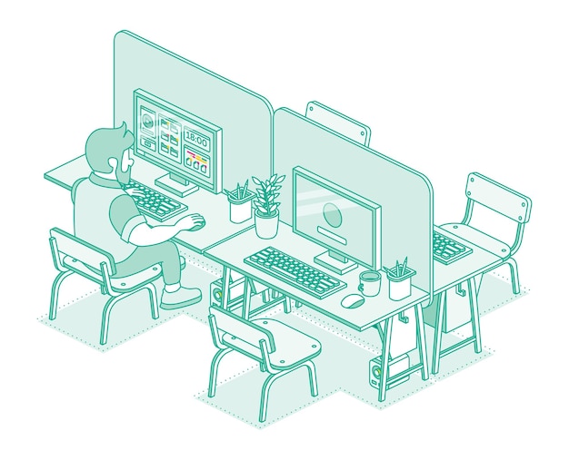 Vector isometric open space office isolated on white background outline linear style man working on computer in modern office programmer or web designer four desks with computer