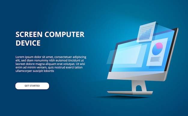 Vector  isometric perspective computer desktop with glow screen. display computer with infographic and data visualization pie chart stats with blue background
