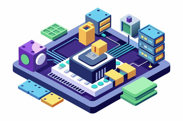 Vector an isometric representation of customizable firmware featuring various computer architecture elements customizable firmware illustration in isometric style