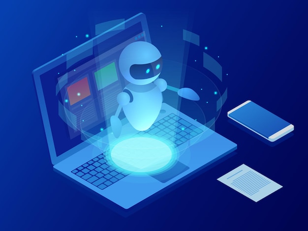 Vector isometric robot learning or solving problems concept. artificial intelligence business vector illustration. science teacher bot. knowledge expertise intelligence learn. online training banner.